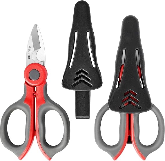 Asdirne Electrician Scissors, Electrician Shears with Heavy Duty Stainless Steel Sharp Blades and Soft Rubber Grip, Including with Protective Cover, 14.5cm, 2 Pcs (Gray/Red)