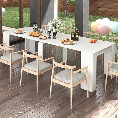 118 Dining Table with Storage for 6-10 People, Expandable Dining Table for Kitchen, Multifunctional Extendable Console Table, Modern Rectangle Wood Kitchen Table White