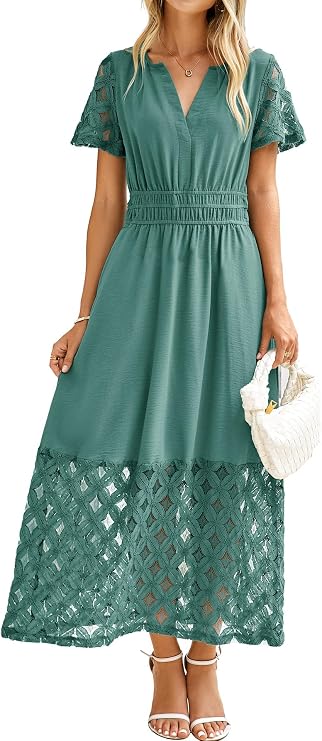 Simplee Womens Summer Boho Maxi Dress V Neck Empire Waist Long Flowy Wedding Guest Dresses with Pockets