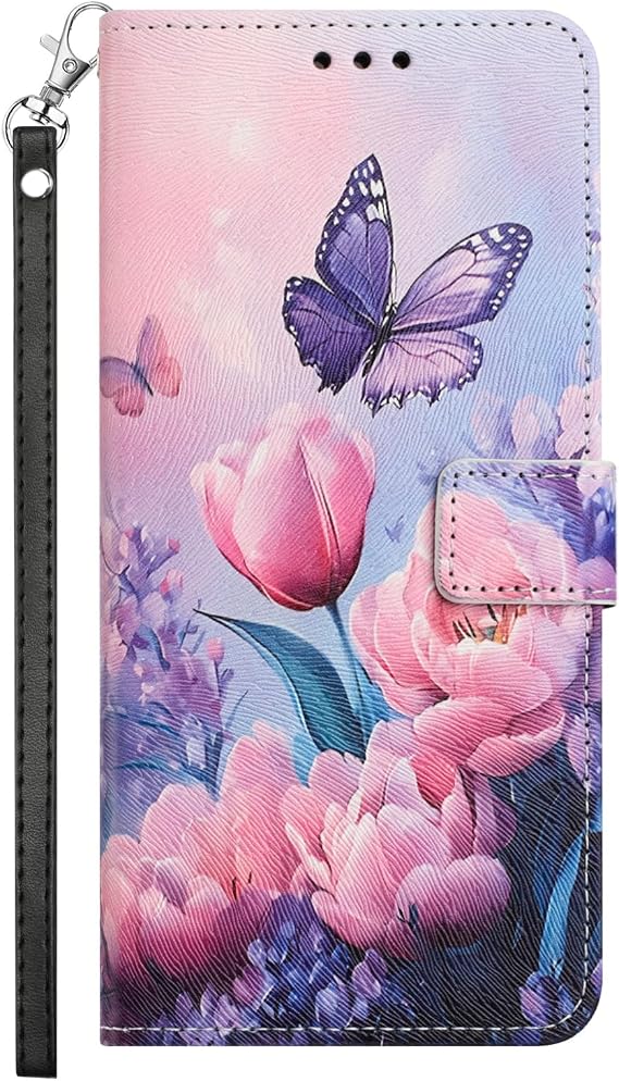Wallet Flip Case for Tecno Pova 7 Ultra 5G PU Leather Pink Buterfly Flower Folio Case for Woman Handbag Pocket Card Slots Wrist Strap Phone Full Body Cover for Tecno Pova 7 Ultra 5G