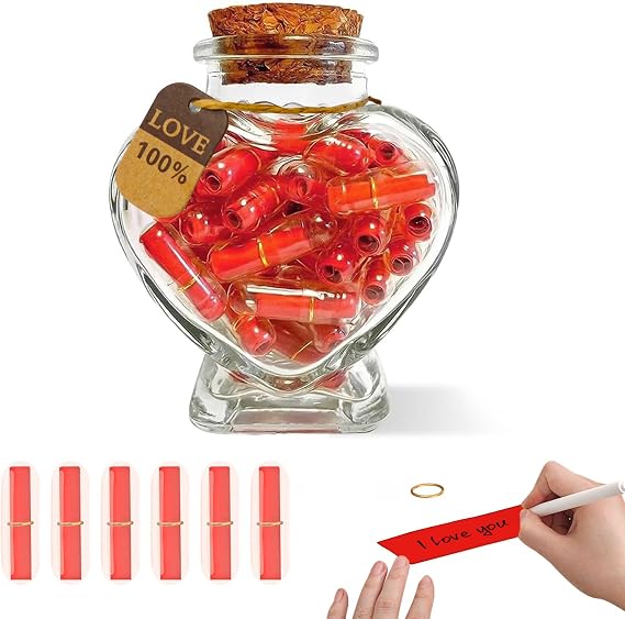 50PCS Love Capsule Letters, Message in a Bottle Gift, Red Love Capsules in Heart-Shaped Glass Jar, DIY Love Letter Jar for Boyfriend/Girlfriend, for Valentine's Day, Birthday, Anniversary