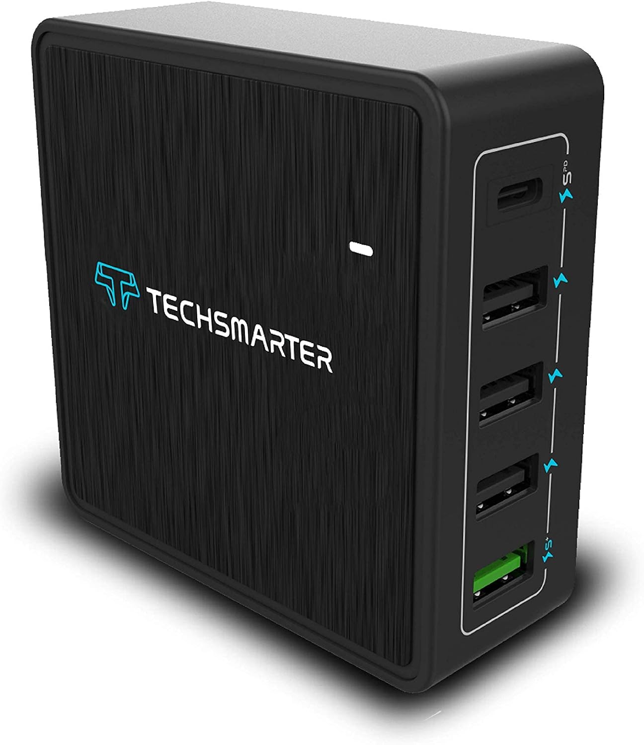 Techsmarter 60W Five Port Desktop Charging Station with 60W USB-C PD Port, 18W USB-A Port and 3 12W USB-A Ports. Compatible with iPhones, Galaxies, Androids, iPads, MacBook AirPro, Chromebook & More