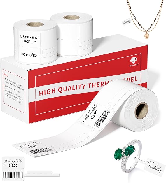Phomemo Labels M110,Jewelry Price Tags - 270 Pcs Sticker Labels | 1.18 x 0.98 Inch (30x25mm+45mm) Compatible with M100/M110/M220 Label Printer,M110 Self-Adhesive Thermal Label for Cabel