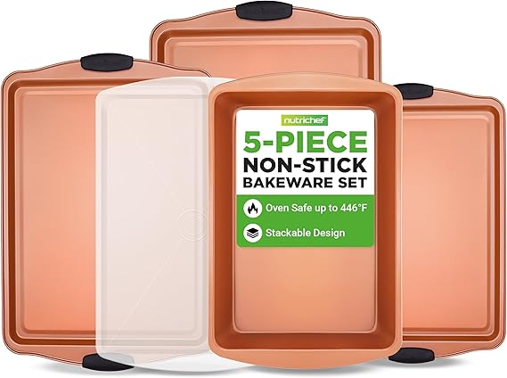 NutriChef 5-Piece Bakeware Set Premium Non-Stick, Stackable Kitchen Baking Pans with Silicone Handles Includes 3 Cookie Sheets, Baking Pan & Lid Perfect for Cakes, Cookies & Brownies