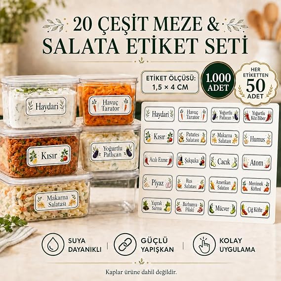 20 Çeşit Meze ve Salata Etiket Seti 1000 Adet, 1,5x4 cm
