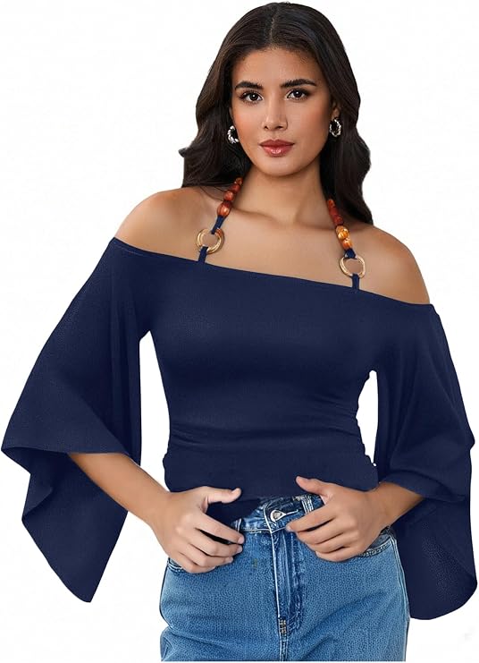 Women's Off The Shoulder Halter T Shirt Ruched Bell Half Sleeve Vintage Going Out Tops
