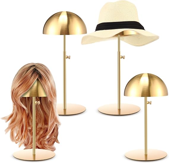 Sintuff 4 Pcs 4 Pcs Metal Hat Stand Display 7.9-15.7", Round Base, Gold | Stainless Steel Hat Stand with Base, Wigs Hats Stand Adjustable, Closet Display Racks Bulk, Wig Hat Stand for Multiple