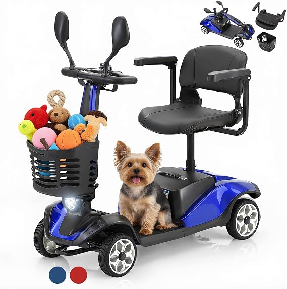 Foldable Mobility Scooter for Seniors, 4 Wheels Lightweight Powered Mobility Scooter for Adults, All Terrain Electric Mobility Scooter with LED Headlights, Charger, Basket and Removable Battery (Blue)