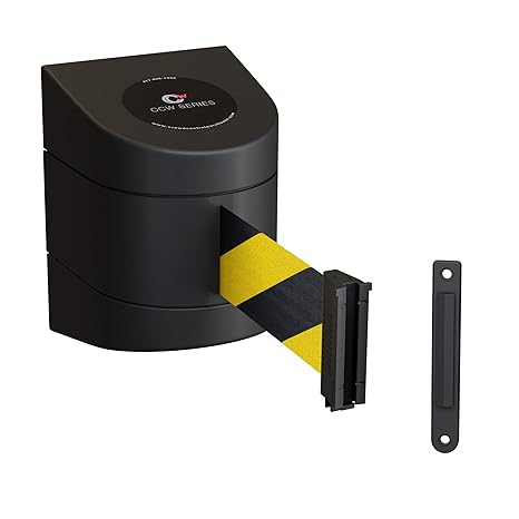 Crowd Control Warehouse - CCW Series WMB-220 Fixed Wall Mount Retractable Belt Barrier - 15 Foot, Black and Yellow Safety Belt with Black ABS Case