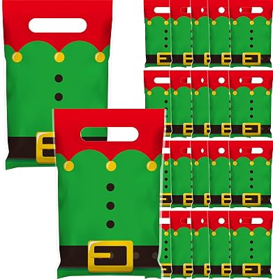 TecUnite 100 Pieces Christmas Plastic Gift Bags Bulk Christmas Elf Goodie Bags with Handle Xmas Candy Holiday Treat for Party Favor Supplies Decor