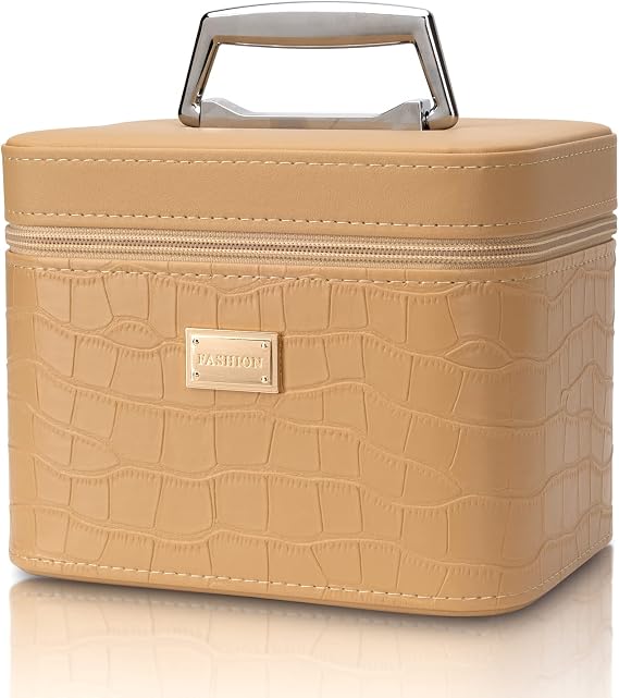 Fashion makeup box, Portable leather hard cosmetic case with mirror, Professional train case make up box for women adults. (Beige)