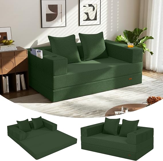 MeMoreCool Convertible Folding Sofa Bed, Corduroy Boneless Couch, Green