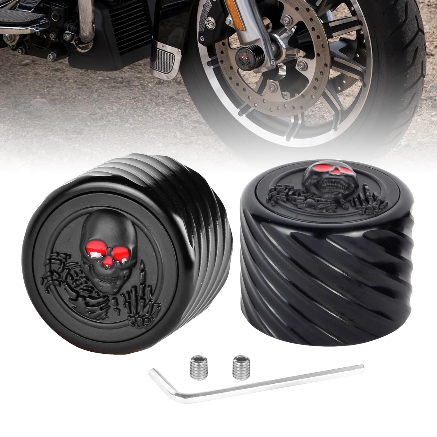 CNC Front Axle Nut Cover Caps For Harley, Hutexico 2 Pack 3D Skeleton Aluminium Front Wheel Axle Caps For Touring Tri Glide Softail Electra Road Street Glide Sportster VRSC Dyna 2002-2023 (Black)
