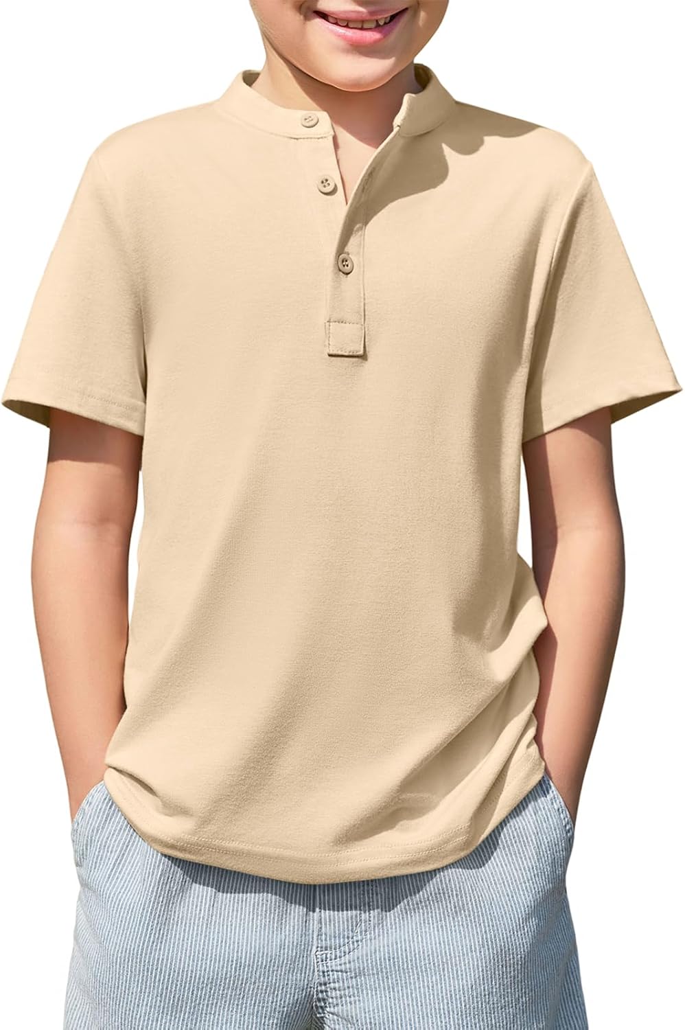Haloumoning Boys Short Sleeve Henley Shirt Kids Casual Button Front Summer T-Shirts Tops Tees 5-14 Years