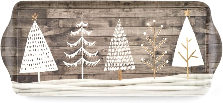 Pimpernel Home Collection Rectangular Melamine Tray (15" x 6.5") Lightweight Serving Platter with Wood Finish & White Evergreen Design, Decorative Accent for Tabletop, Dining & Entertaining