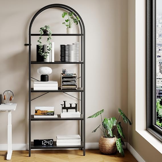 Bookcase 5 Tier, Floor Standing Book Shelf with Metal Frame, Arched Display Racks, Wooden Shelf and Metal Frame Book Rack, Storage Rack Shelf for Living Room Home Office