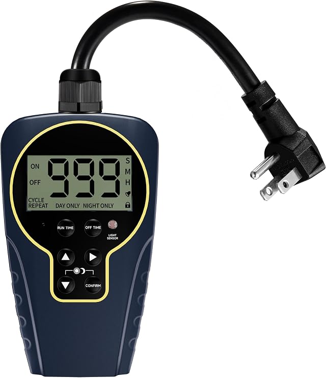 Techbee 1 s to 999 h Interval, Short/Long On-Off Repeat Cycle Timer Plug Outlet with Countdown and Light Sensor, Waterproof for Outdoor,15A 1HP