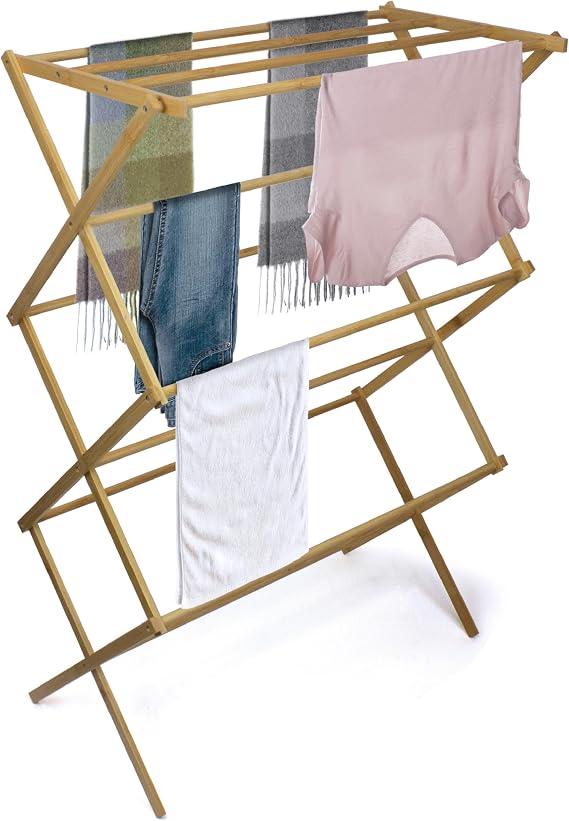 BROOKSTONE, Eco-Friendly Bamboo Drying Rack, Collapsible Laundry Clothes Hanger, 10 Hanging Bars, Minimalist Space Saving Design
