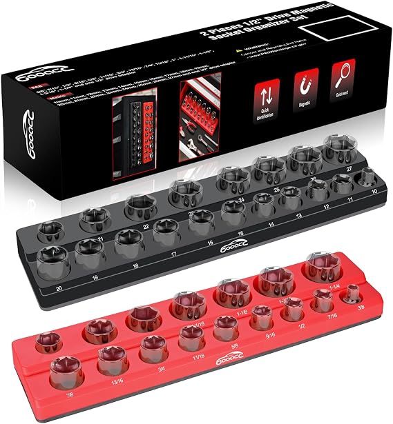 GOOACC 1/2" Magnetic Socket Organizer Set, 2 Pieces Metric & SAE Socket Drive Holders, 1/2 inch Drive Socket Organizer Trays Holds 35 Standard Sockets for Tool Box