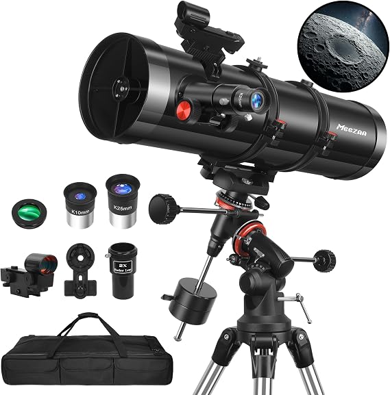 MEEZAA 150EQ Newtonian Reflector Telescope for Adults with Equatorial Mount | Professional Astronomical Telescopes for Beginners Stargazing, with Phone Adapter, Tripod, Moon Filter and Large Carry Bag