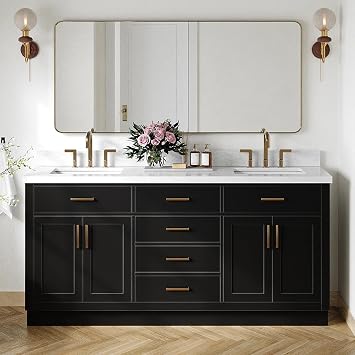 DKB Isabella 72 Inch Bathroom Vanity Double Sink Black Bathroom Vanity with Sink, 1.5" Edge Italian Carrara Marble Countertop & Backsplash, 4 Soft-Close Doors, 4 Dovetail Drawers, and 2 Tilt Drawers