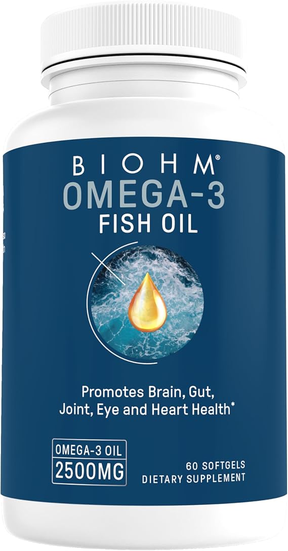 BIOHM Omega-3 Fish Oil 2500mg, 60 Softgels, High Potency 860mg EPA & 630mg DHA, Omega 3 Fatty Acid Supplements to Support Brain, Joint, Eye, Liver & Gut Health, Sustainably Sourced