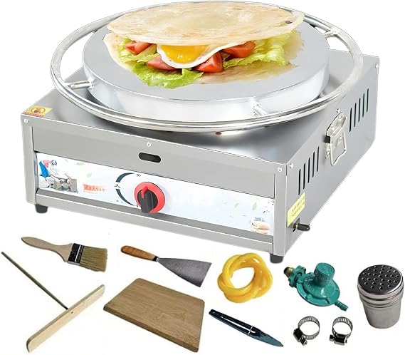 45cmCommercial Crepe Maker Machine Pancake Griddle Big Hotplate Nonstick Electric Griddle Pancake Maker, Batter Spreader, Wooden Spatula Crepe Pan for Gas (Stainless Steel 50cm)