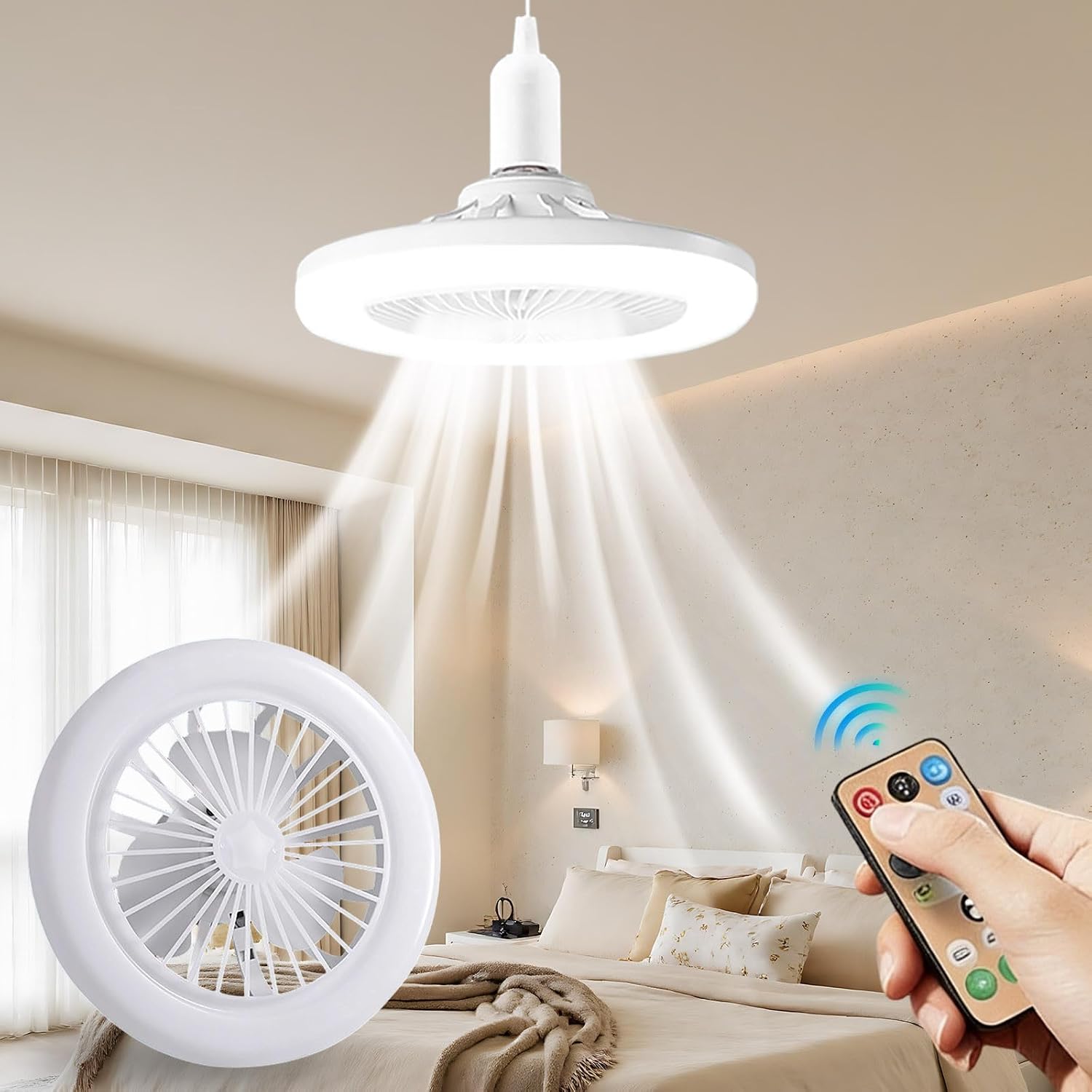 Socket Fan Light, Screw in Ceiling Fan Light Socket with Remote, LED Bulb Fan with 3 Speeds Timer, Quiet Light Socket Ceiling Fan for Kitchen Bathroom Garage Storage (23cm) [Energy Class A+]