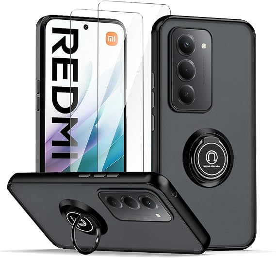 Case for Xiaomi Redmi 15 4G/5G Black with Ring Stand Case + 2 x Tempered Glass Screen Protector,PC +TPU Shockproof Anti-Scratch Phone Cover