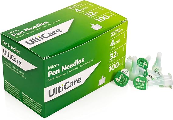 UltiCare Insulin Pen Needles |Micro 4mm 32G | Universal Fit |100 Count | Sterile Single-Use Pen Needles, Thin-Wall Needle for Comfortable Injections, Compatible with Most Insulin and GLP-1 Pens