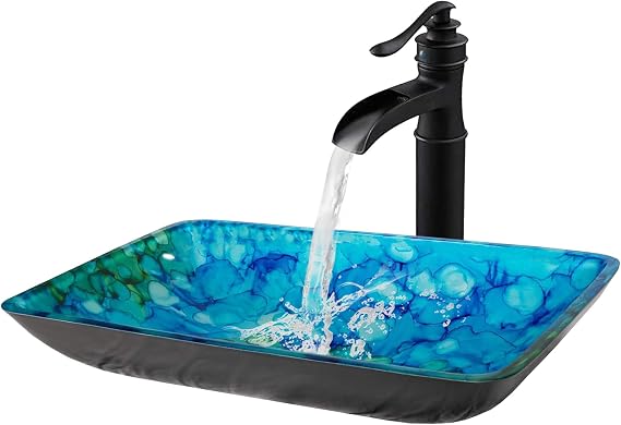 Eden Bath Blue & Green Water Lilies Rectangular Glass Sink Bowl Bathroom Vessel Sink for Vanity Top