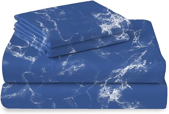 Pizuna Pure 100% Cotton Sheets Twin Size, Luxurious 400 Thread Count Long Staple Cotton Sateen Sheets Twin with 15" Deep Pocket (Combed Marble Blue Cotton Sheets Twin)