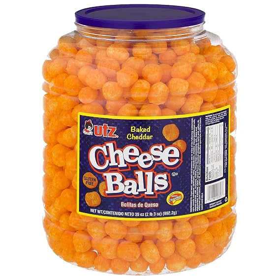 Utz Cheese Balls Barrel (2 lbs) Made with Real Cheese, Resealable Container, Gluten Free, Easy and Quick Party Snack, Cherry, 35 Ounce