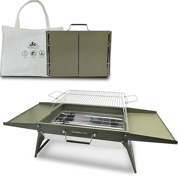 Charmline 18 x 13 inches Large Foldable Portable Charcoal BBQ Grill, Camping BBQ Grill for 35 People, Ideal for Camping, Garden, Beach, Picnic & Tabletop Use, Green