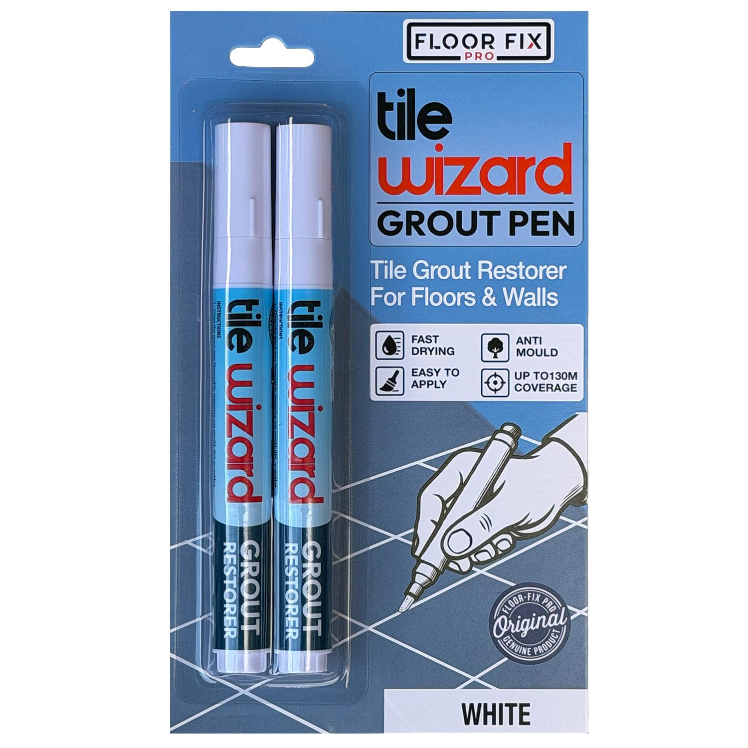 Tile Wizard Grout Pen From Floor-Fix Pro | Waterproof Grout Paint | Tile Grout Colorant and Sealer Pen - Narrow Soft 5mm Tip (White, 2 Pack)