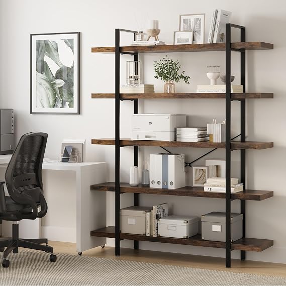 5 Tier Bookcase, 47 Inch Wide Wood Bookshelf, 120lbs Shelf Capacity Estante, Rustic Open Shelving Industrial Display with Reinforced Horizontal Brown Shelves for Living Room Bedroom Office