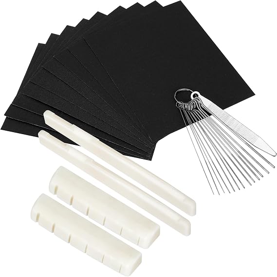 Blisstime 2 Sets (4pcs) 6 String Acoustic Guitar Bone Bridge Saddle and Nut, Made of Real Bone with 9 Pcs Sand Paper, Stainless Steel Needle Files of 13 Sizes
