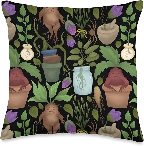 Mandrake Root Magic Plants Pots Herbs Cute Botanical Pattern Throw Pillow