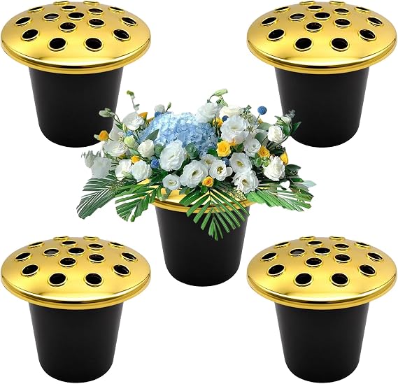 Grave Flower Holders with Golden lid pack of 5, Memorial Vases for Graves Strong Plastic Grave Flower Pots Insert in Grave-side, Grave Vase for Grave Decorations