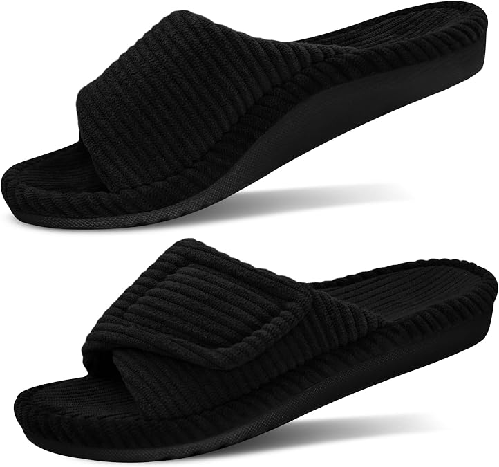 GRITHEIM Orthopedic Arch Support Slippers for Women Fuzzy Adjustable Orthotic Slippers for Plantar Fasciitis Ladies Furry Supportive Corduroy Memory Foam Open Toe Gift Slide