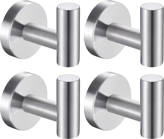Towel Hooks - 4 Pack SUS 304 Stainless Steel Bathroom Wall Hooks - Brushed Silver Heavy Duty Coat Hooks for Hanging Robes and Keys in Kitchen