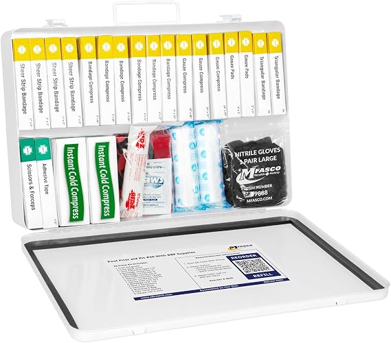 MFASCO Swimming Pool First Aid Kit - Waterproof Metal Box with Bloodborne Clean Up Supplies - Meets Michigan Pool Guidelines - Wall Mountable for Lifeguard Safety and Rescue - 14 x 10 x 2.5 inches