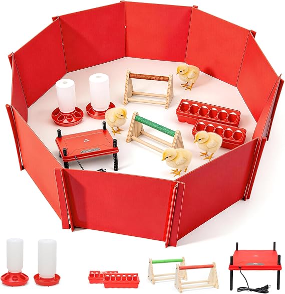 Chick Brooder Box for Chicks Baby Chick Starter Kit Brooding Playpen Portable Chicken Fence Pen with Chick Heating Plate Perch Feeder Waterer for Poultry Duck and Quail