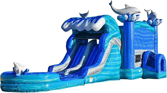 JumpOrange Dolphins Commercial Grade Bounce House Water Slide with Dual Lane and Detachable Pool for Kids and Adults (with Blower), Tunnel Entrance, Basketball Hoop, Wet Dry Use, Obstacle Pop Ups