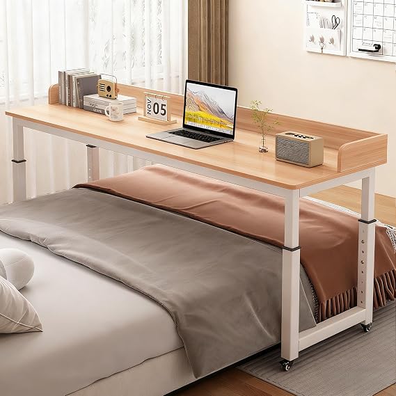Over The Bed Table with Wheels, Rolling Overbed Table with Baffles, Mobile Overbed Desk Adjustable Height, Laptop Cart Computer Desk for Bedroom, Study, Office, King Queen Bed Table