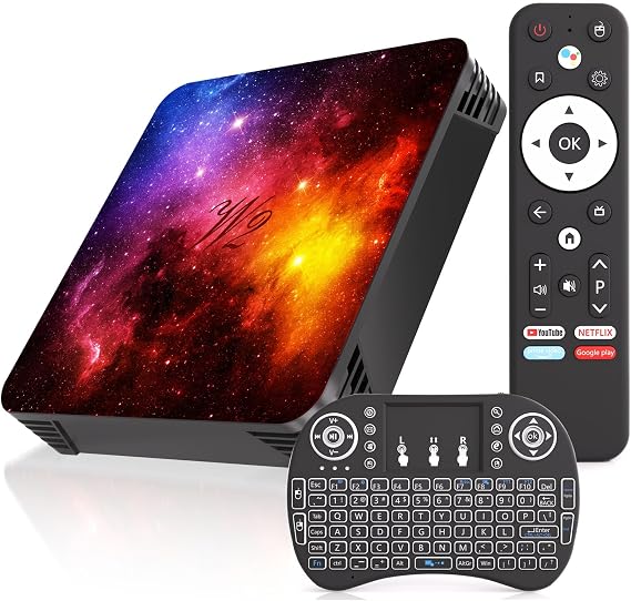 Android TV Box 4GB RAM 64GB ROM, Android 14.0, Mali-G31 GPU, Dual WiFi 2.4G/5G, Bluetooth 4.2, 4K UHD Media Player, Airplay & Miracast Support, Mini Wireless Backlit Keyboard Included