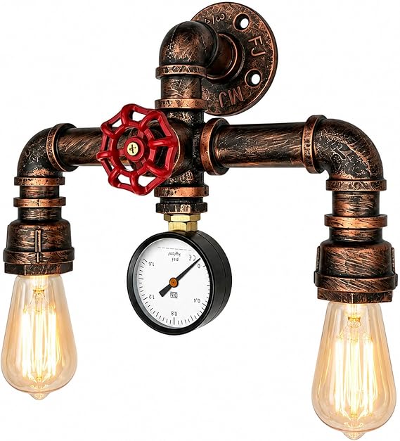 MQ Water Pipe Wall Sconces Lamp, Steampunk Fixtures 2 Lights Wall Mount E26 Socket Vintage Rustic Wall Light for Bathroom Hallway Basement Copper Color