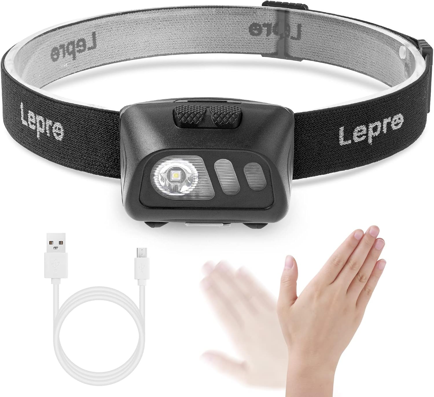 Lepro Headlamp, LED Headlight, Rechargeable, With Sensor, White & Red Light, 5 Lighting Modes, USB Cable Included, IPX4 Waterproof, 2.3 oz 66 g, Ultra Lightweight, Practical Light, 6-20 Hours, 60° Angle Adjustable, Small, Fishing, Climbing, Camping, Jogging, Hiking, Walking, Outdoors, Work, Disaster Prevention, Disaster Prevention, Helmet Light