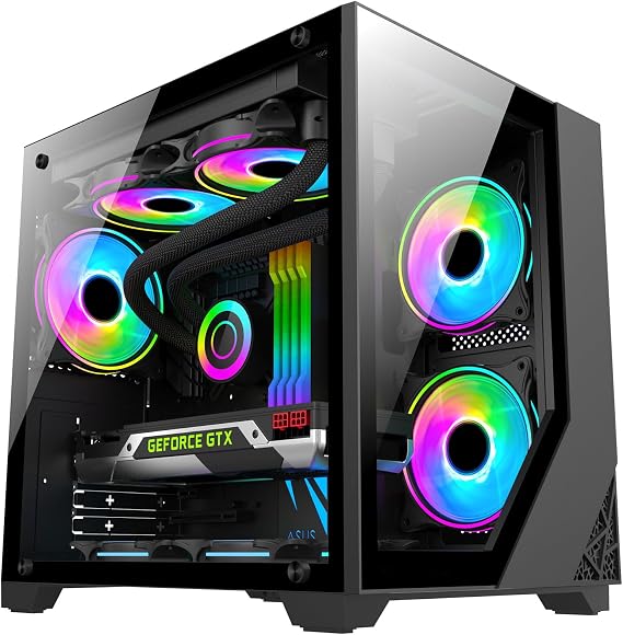 M-ATX/ITX Tower PC Case,Capable of Fitting 7 Fans,5 ARGB Fans Pre-Installed, Gaming PC Mini Case with 2*Tempered Glass (Black)