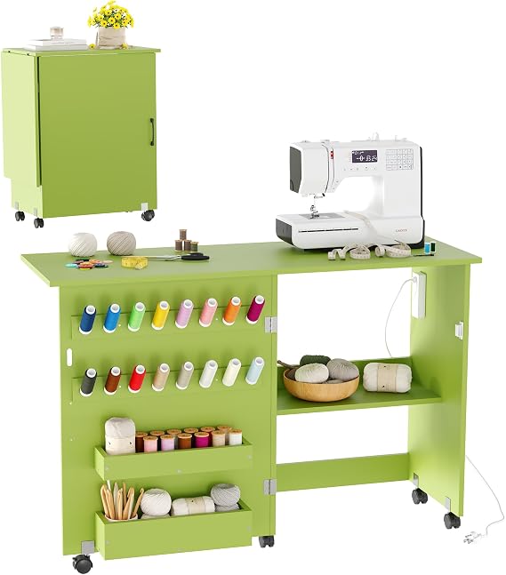 Sewing Table Folding Charging Station Lockable Wheels Storage Craft Desk